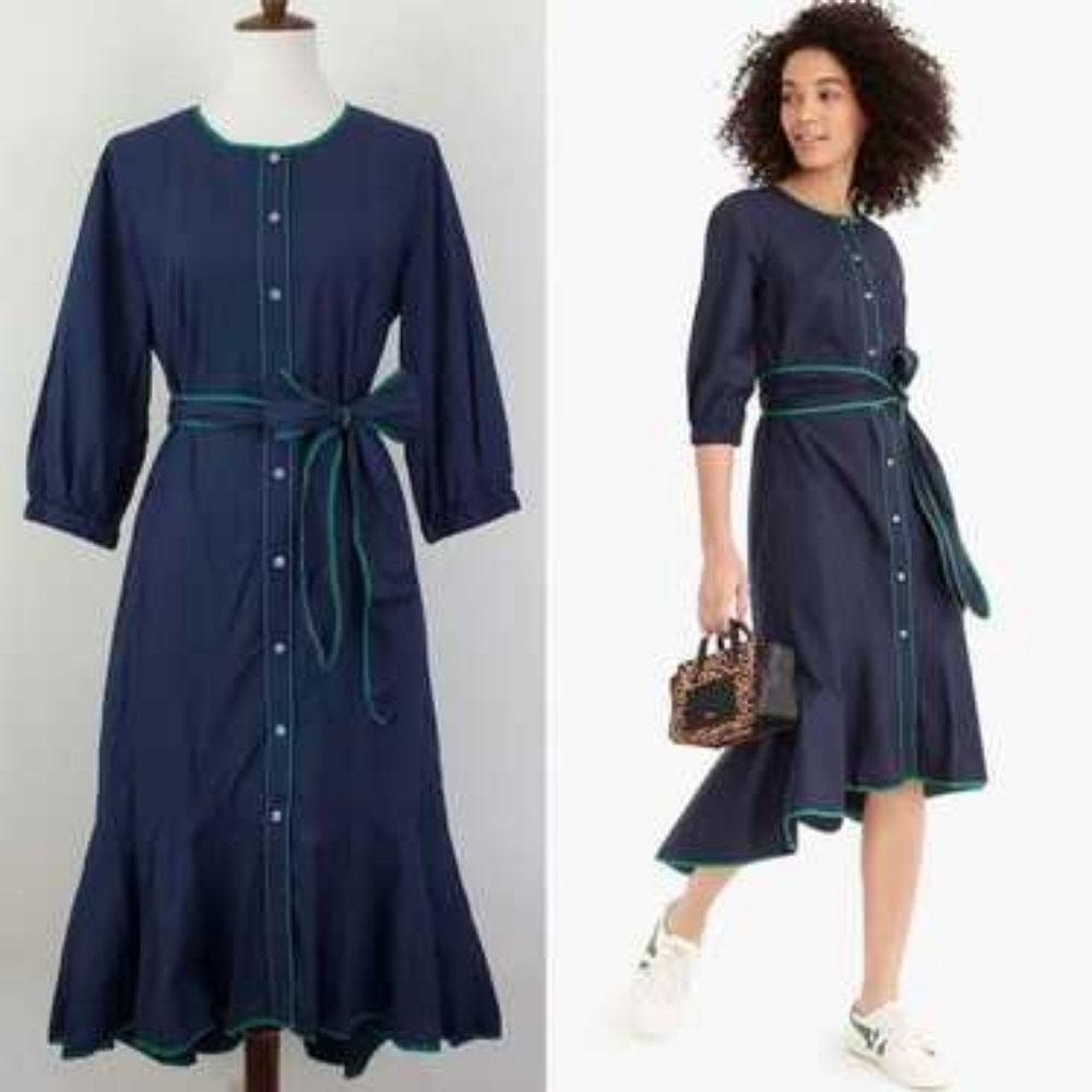J CREW Elegant Navy Dress with Green Accents